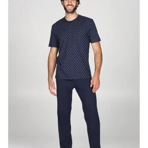 Pigiama tris con maglia a serafino in fresco puro cotone in fantasia e 2 pantaloni