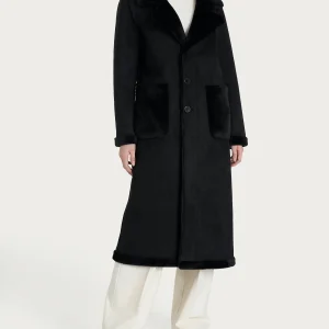 Cappotto lungo donna con revers double-face in Vegan Shearling