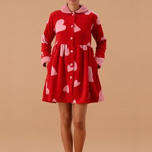 Vestaglia Bellissima in pelliccetta con stampa cuori rosa su fondo rosso