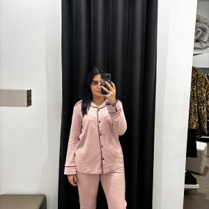 Pigiama Donna in Caldo Cotone Aperto Davanti con Bordo a Contrasto