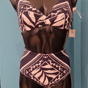 Bikini sfoderato con ferretto fantasia blu e bianco slip alto
