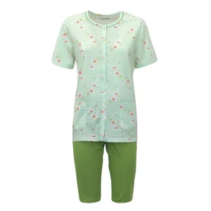 Pigiama Bermuda Donna Mezza Manica Aperto con Fantasie e Tasche sulla Maglia