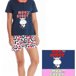 Pigiama Corto Donna Mezza Manica con Stampa – Colori Rosa e Blu | Disponibile Solo Taglia M