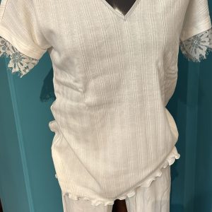 Pigiama Donna in Cotone Bianco Manica Corta con Pantalone Lungo e Dettaglio in Raso Ghiaccio