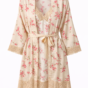 Completo Twinset raso floreale con kimono e sottoveste in pizzo