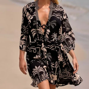 Abito Corto Fantasia Tropicale Nero e Beige – Vacanze Italiane