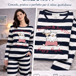 Pigiama Donna in Cotone a Righe con Stampa “Smile & Happy”