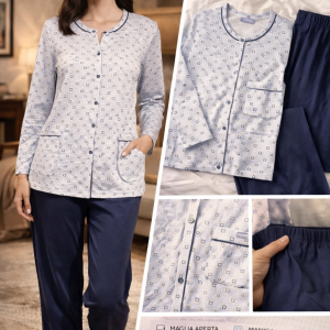 Pigiama donna aperto Linclalor fantasia con pantalone blu