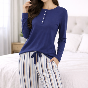 Pigiama donna blu con pantalone a righe Linclalor