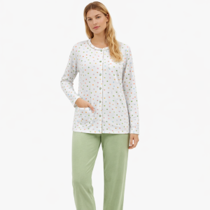 Pigiama donna cotone pois manica lunga con bottoni e pantalone lungo tinta unita