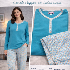 Pigiama donna cotone turchese con pantalone fantasia – comodo e leggero