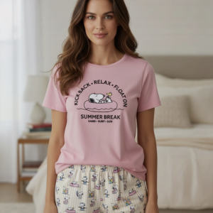 Pigiama donna estivo Snoopy rosa cotone con t-shirt e pantaloncini art. 64430