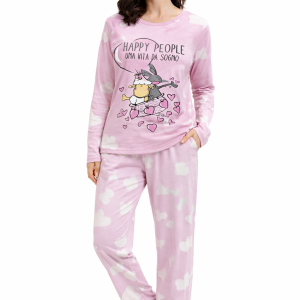 Pigiama donna lungo in cotone rosa “Happy People” manica lunga