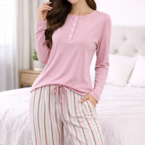 Pigiama donna rosa con pantalone a righe Bisbigli