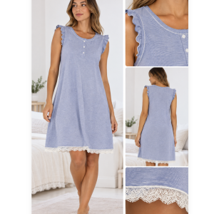 Camicia da notte donna Bisbigli azzurra a spalla larga con riccetto e pizzo