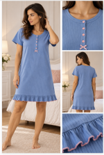 Camicia da notte donna azzurra a costine con volant - bisbigli