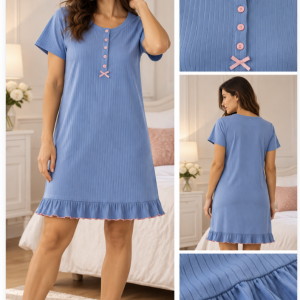 Camicia da notte donna azzurra a costine con volant - bisbigli