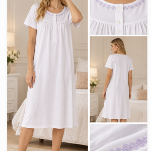 Camicia da notte donna bianca con pizzo lilla – Linclalor