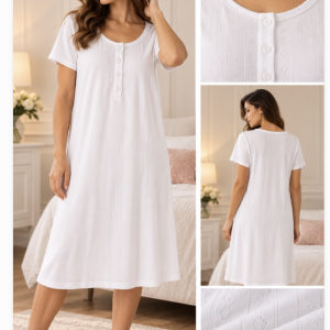 Camicia da notte donna bianca traforata con bottoni – Linclalor