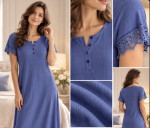 Camicia da notte donna blu a costine con pizzo – Bisbigli