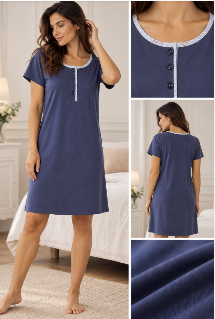 Camicia da notte donna blu con bottoncini – Bisbigli