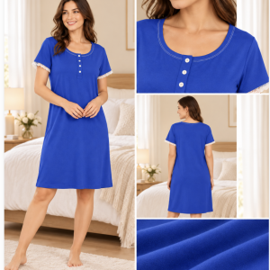Camicia da notte donna blu con pizzo alle maniche – Linclalor