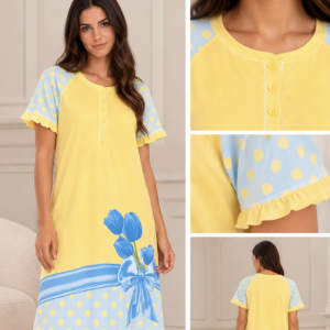 Camicia da notte donna gialla con pois e stampa floreale – Bisbigli