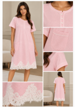 Camicia da notte donna rosa con pois, tasche e pizzo – Bisbigli