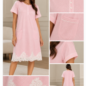 Camicia da notte donna rosa con pois, tasche e pizzo – Bisbigli