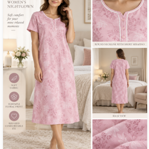 Camicia da notte donna rosa floreale con serafino – Linclalor