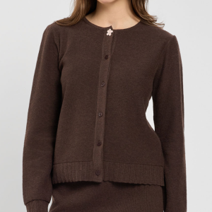 Cardigan Twinset Marrone con Dettaglio Fiore