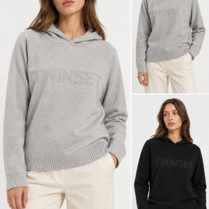 Felpa Twinset con Cappuccio e Logo – Grigio Chiaro e Nero