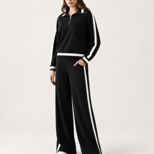 Iconique Tuta Donna SoftBlend® Half-Zip Nera con Bande Bianche