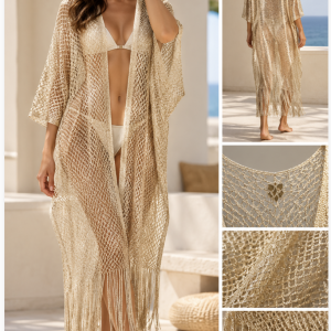Kaftano donna Twinset dorato in rete lurex con frange – Taglia Unica