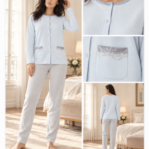 Pigiama donna aperto in interlock con tasche e dettagli in pizzo – Linclalor