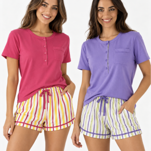 Pigiama donna corto a righe con maglia mezza manica – 2 varianti colore