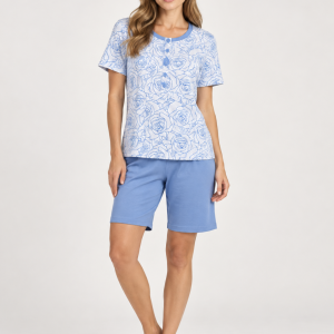 Pigiama donna estivo mezza manica con bermuda fantasia rose azzurro – Ultimo pezzo tg. 42