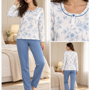 Pigiama donna floreale bianco e azzurro in interlock – Linclalor