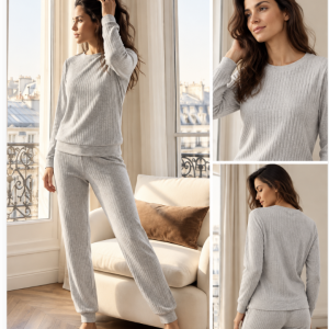 Pigiama donna grigio a costine con polsini – Linclalor