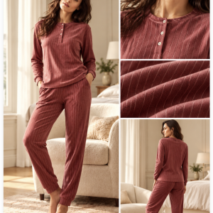 Pigiama donna serafino a costine color vinaccia – Linclalor