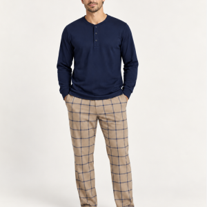 Pigiama uomo Julipet serafino in interlock blu notte con pantalone check beige