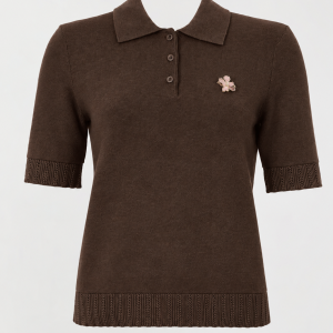 Polo Donna in Maglia Marrone con Spilla Fiore