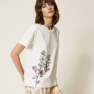 T-Shirt Donna con Ricamo Floreale e Applicazioni