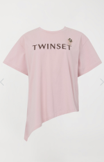 T-Shirt Twinset Rosa Asimmetrica con Logo e Dettaglio Fiore