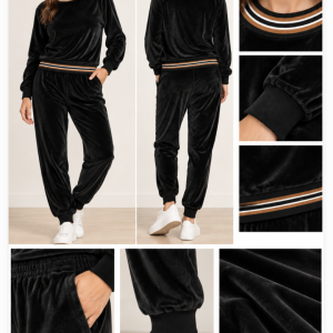 Tuta donna in velluto nero con dettagli rigati e pantalone con polsino
