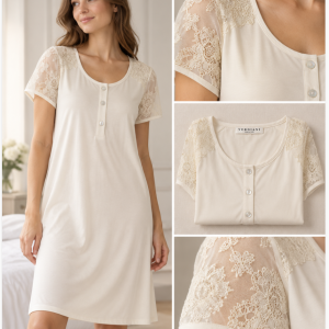 Camicia da notte donna avorio con maniche in pizzo – Verdiani
