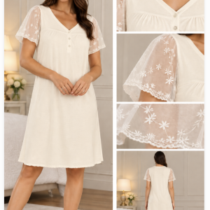 Camicia da notte donna avorio con maniche in pizzo – Verdiani