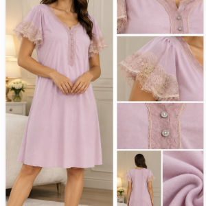 Camicia da notte donna lilla con pizzo sulle maniche – Verdiani