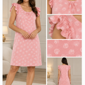 Camicia da notte donna rosa con stampa conchiglie e volant – Linclalor – Ultimo pezzo TG 44