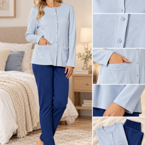 Pigiama Donna Linclalor Azzurro con Casacca Aperta Avanti e Pantalone Blu